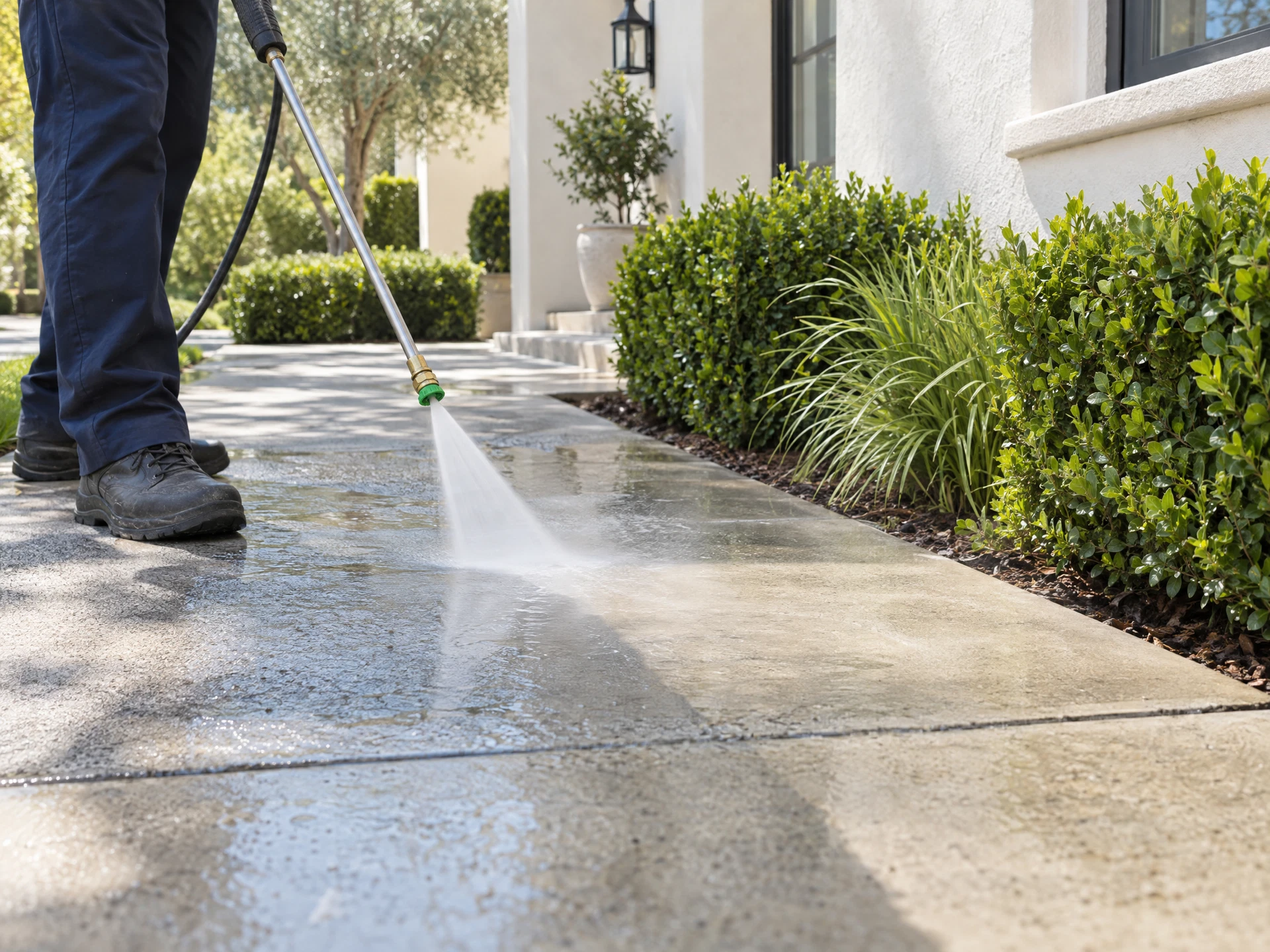 A pressure washer cleaning a walkway beside landscaping