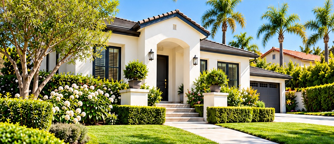A well-maintained Southern California home with green landscaping and a clean walkway